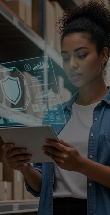 Mulher de uniforme e capacete falando ao celular, com um estoque ao fundo, ilustra a segurança no transporte de cargas. Segurança no transporte de cargas
